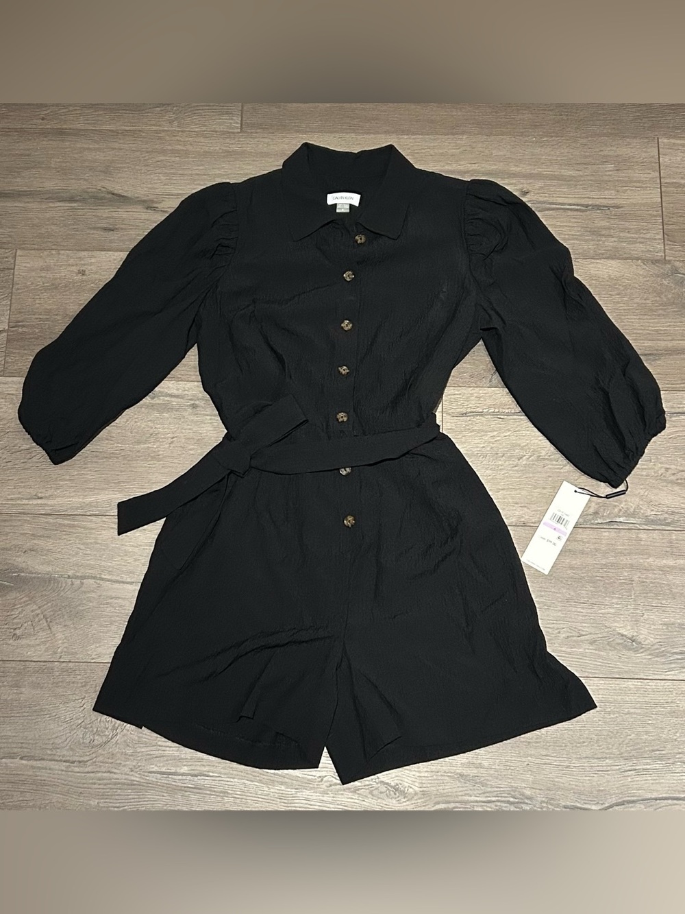 Calvin Klein Black Belted Button-Front Romper Dress